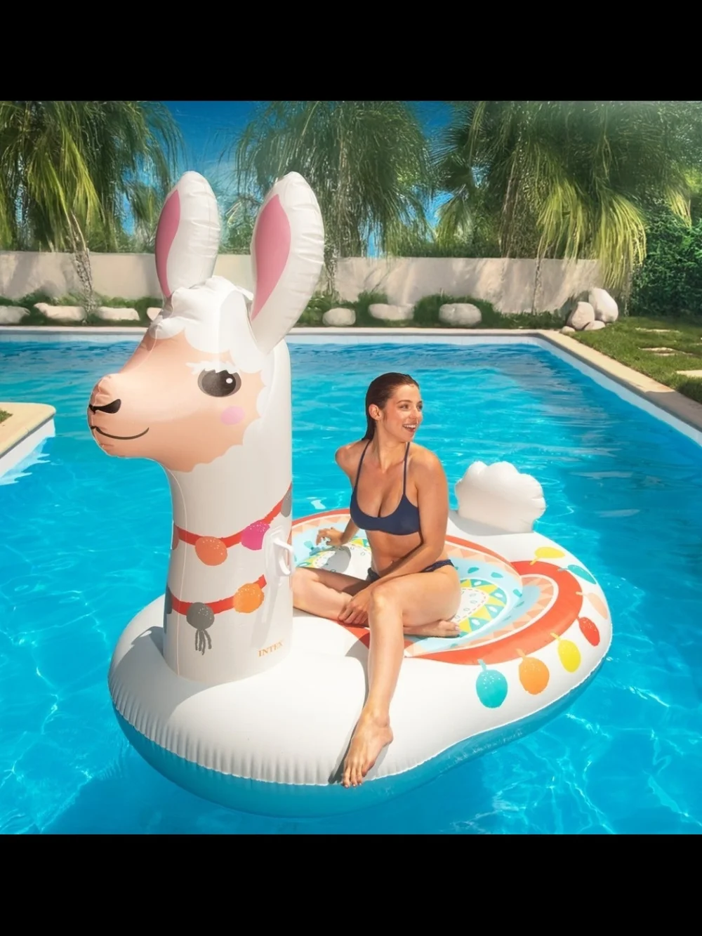 White Llama Inflatable Pool Float - Colorful Garland Design
